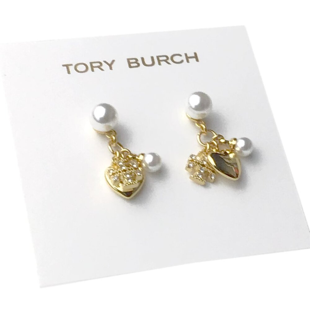 Tory Burch Crystal/Faux Pearl Heart Charm Dangle/Drop Earrings - Picture 2 of 7